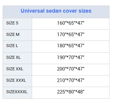Size Chart of Indoor Scratch Resistant Car Cover
