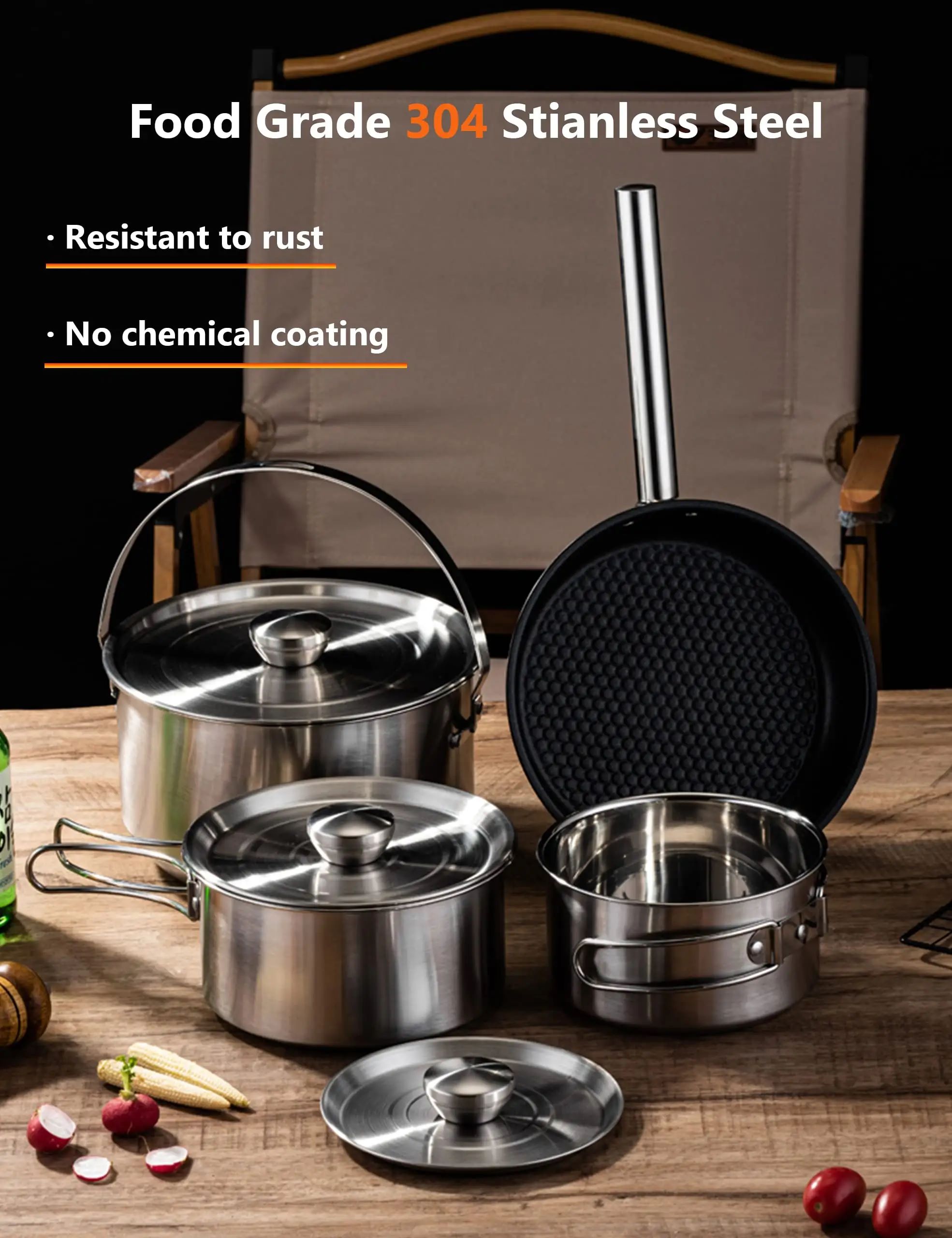 Camping Stainelss Steel Cookware Set Pan and Pot