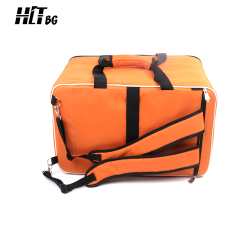 Back view of orange board game backpack, the shoulder straps aren't fold