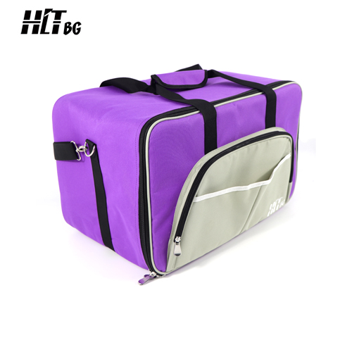 Side view of purple board game backpack