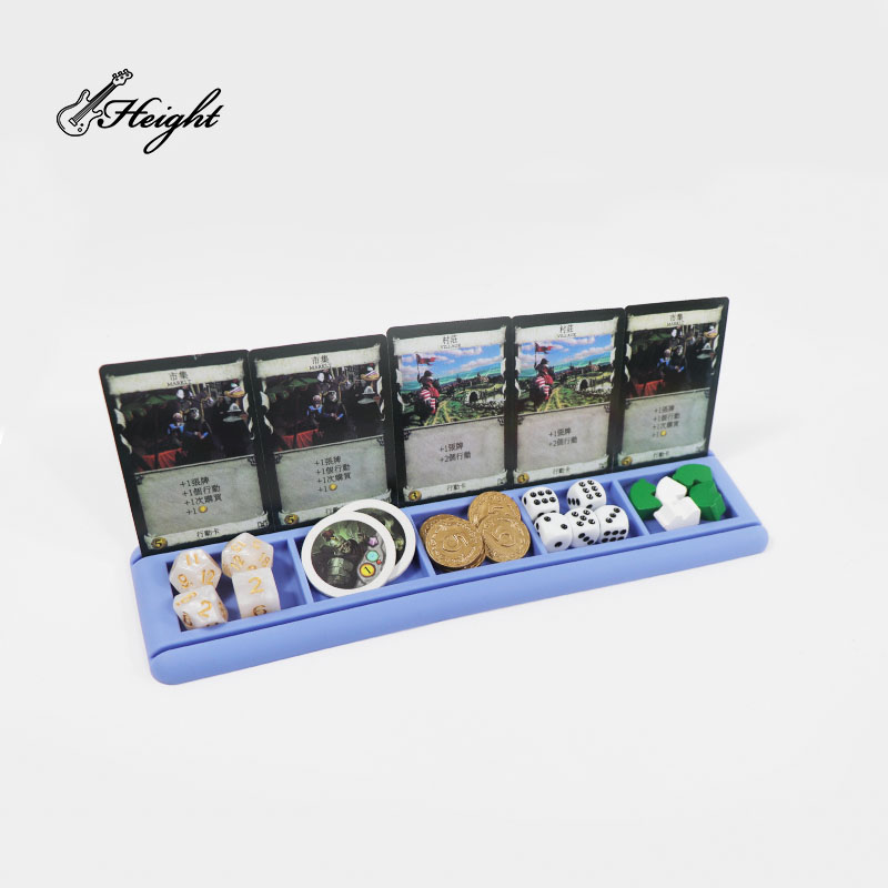 Sky blue board game card stand holder with cards and tokens