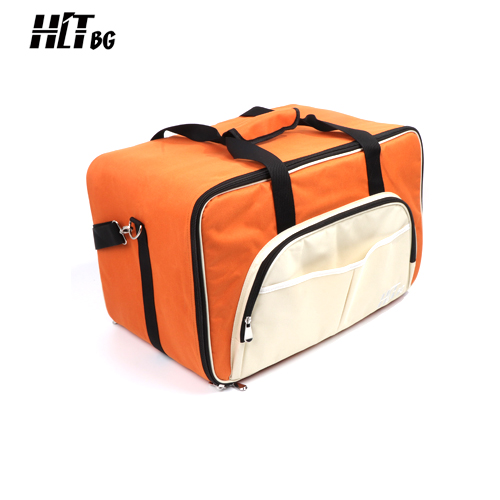 Side look of orange board game tote bag.