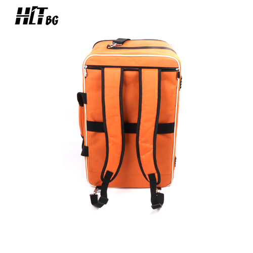 Vertical view of orange board game backpack. you can choose whether carry way you like