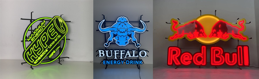 Neon beverage signs with vibrant colors and eye-catching designs