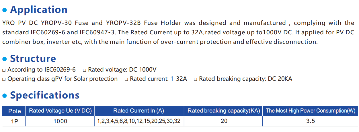 Photovoltaic Fuse YROPV-30