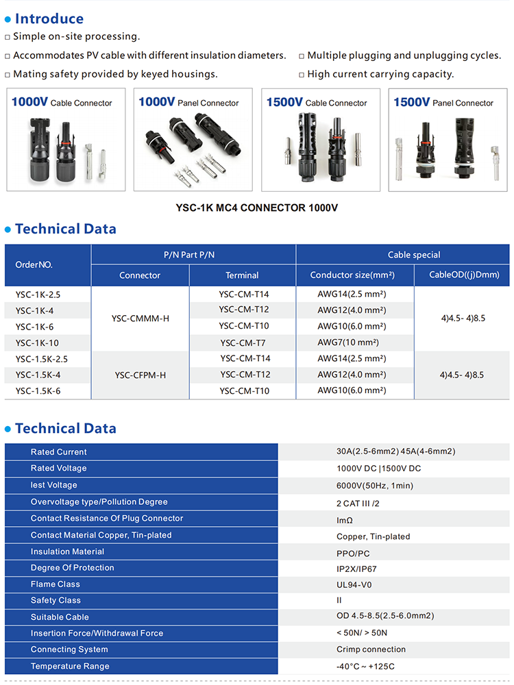 Photovoltaic cable connector 1000V