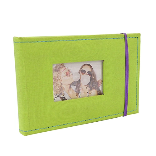Green Fabric Cover 24 photos Slip in 4X6" Photo Album with Window Welded bound Elastic band small album with a mini window  mini album