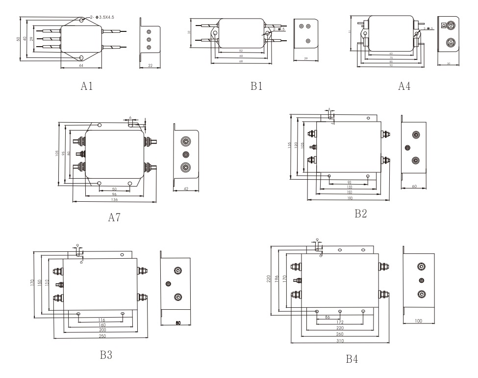 EMI filter with differential mode Overall Dimension(±1mm)