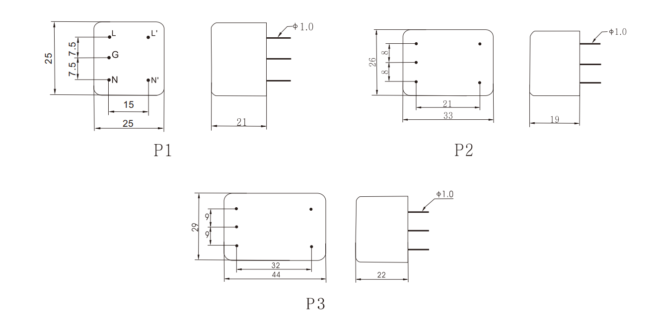 P Series Pin EMI Filters Overall Dimension(±1mm)