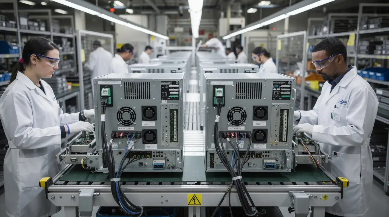 a factory assembly line where workers are assembling electronic equipment enclosures