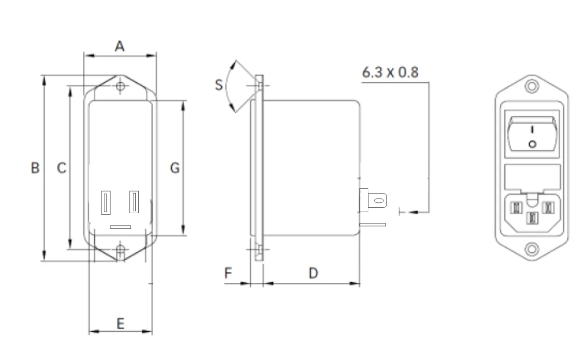 DBI5-S IEC mains filter Overall Dimension(±1mm)