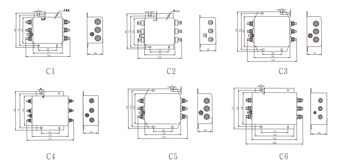 three phase universal EMI filter Overall Dimension(±1mm)