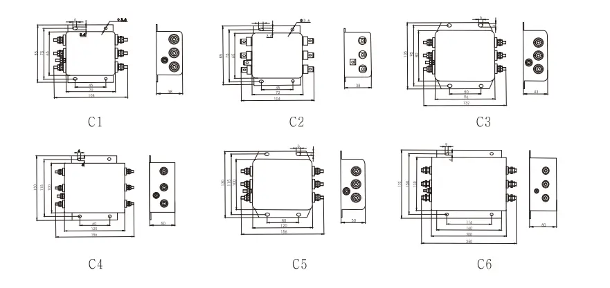 three phase emi power filter overall dimensions