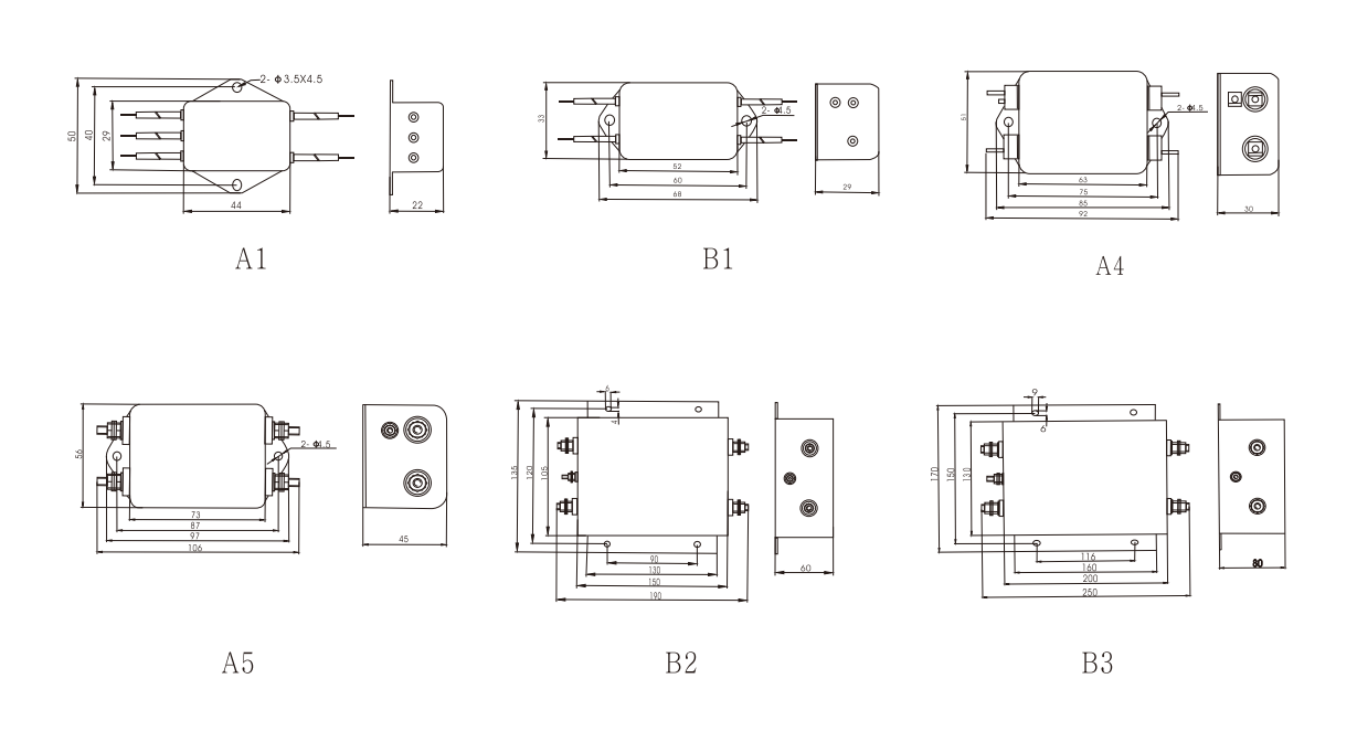 bipolar common mode EMI filter Overall Dimension(±1mm)