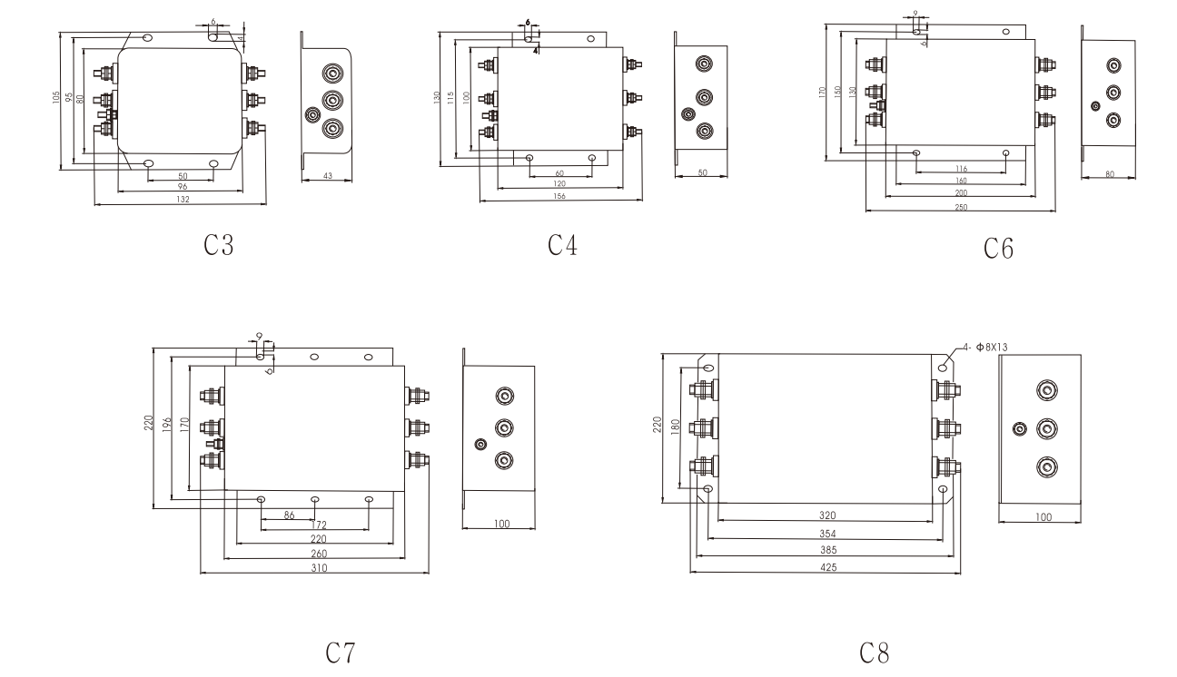 Bipolar Three Phase EMI Filter Overall Dimension(±1mm)