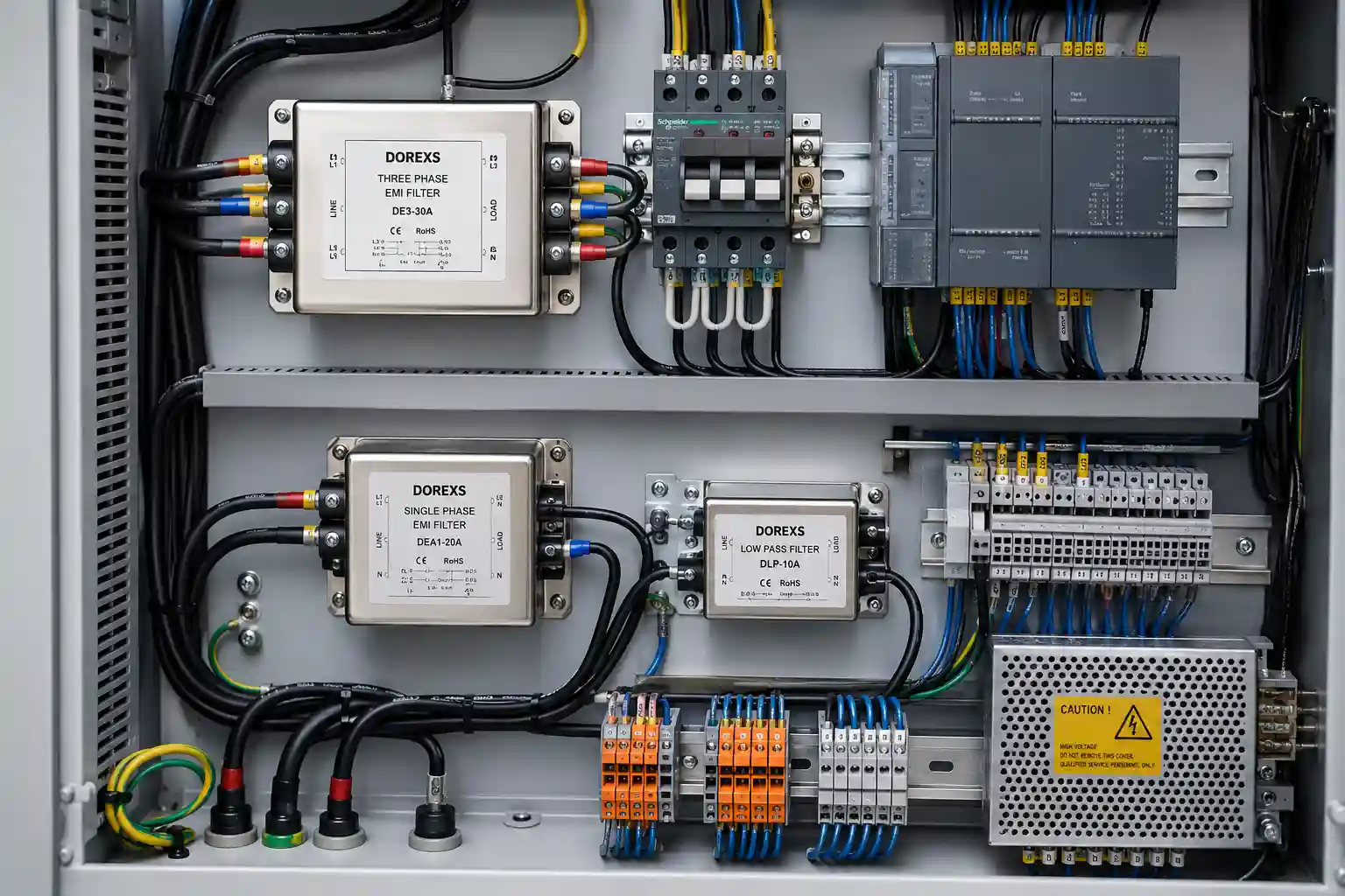 The image shows the interior of an industrial control cabinet, featuring a complex arrangement of power cables and mounted electronic filter components designed to mitigate electromagnetic interference. These components, including phase EMI filters and low pass filters, are crucial for reducing conducted EMI and ensuring the reliability of electrical systems in industrial applications.