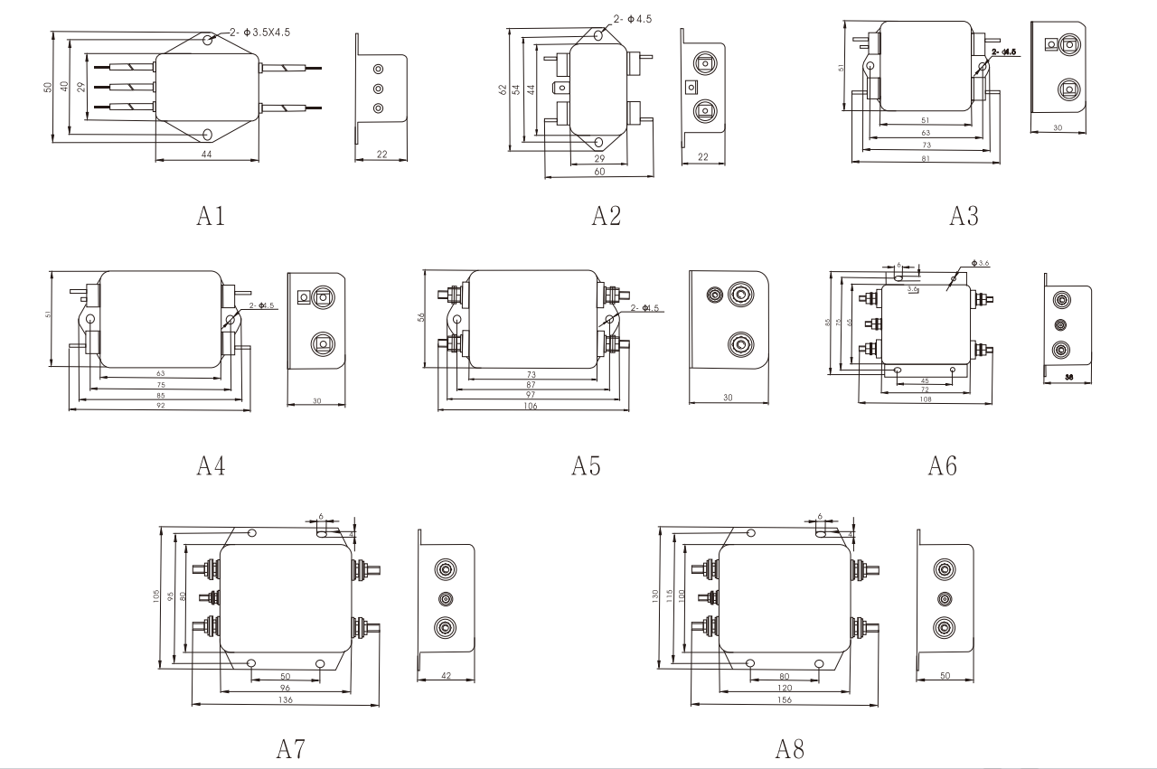 General purpose series EMI filters Overall Dimension（±1mm)