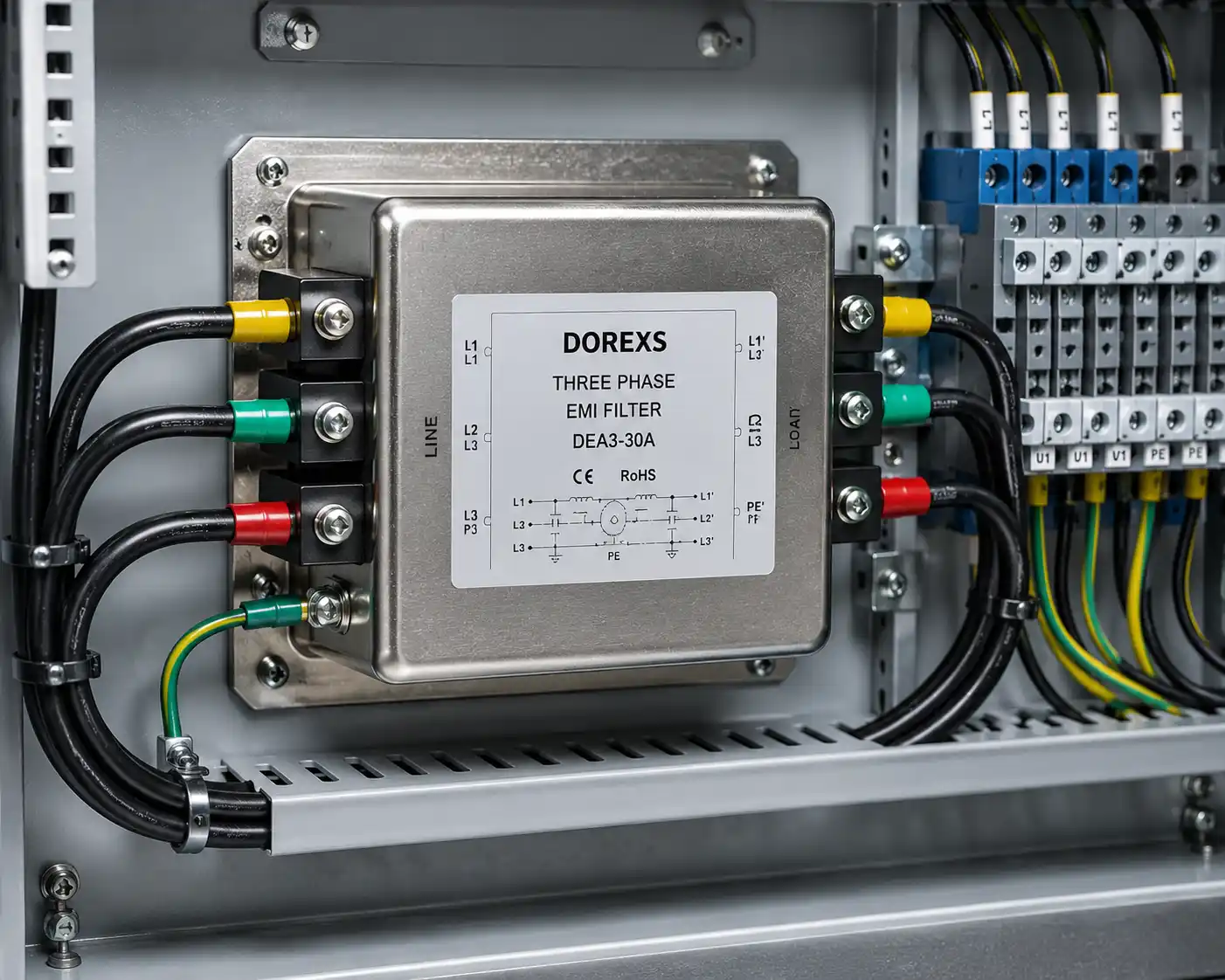 A close-up view of a three phase EMI filter installed within a robust metal industrial enclosure, showcasing organized cable routing to reduce electromagnetic interference. The filter is designed to enhance filter performance by minimizing unwanted noise and ensuring compliance with international EMC standards in electrical systems.