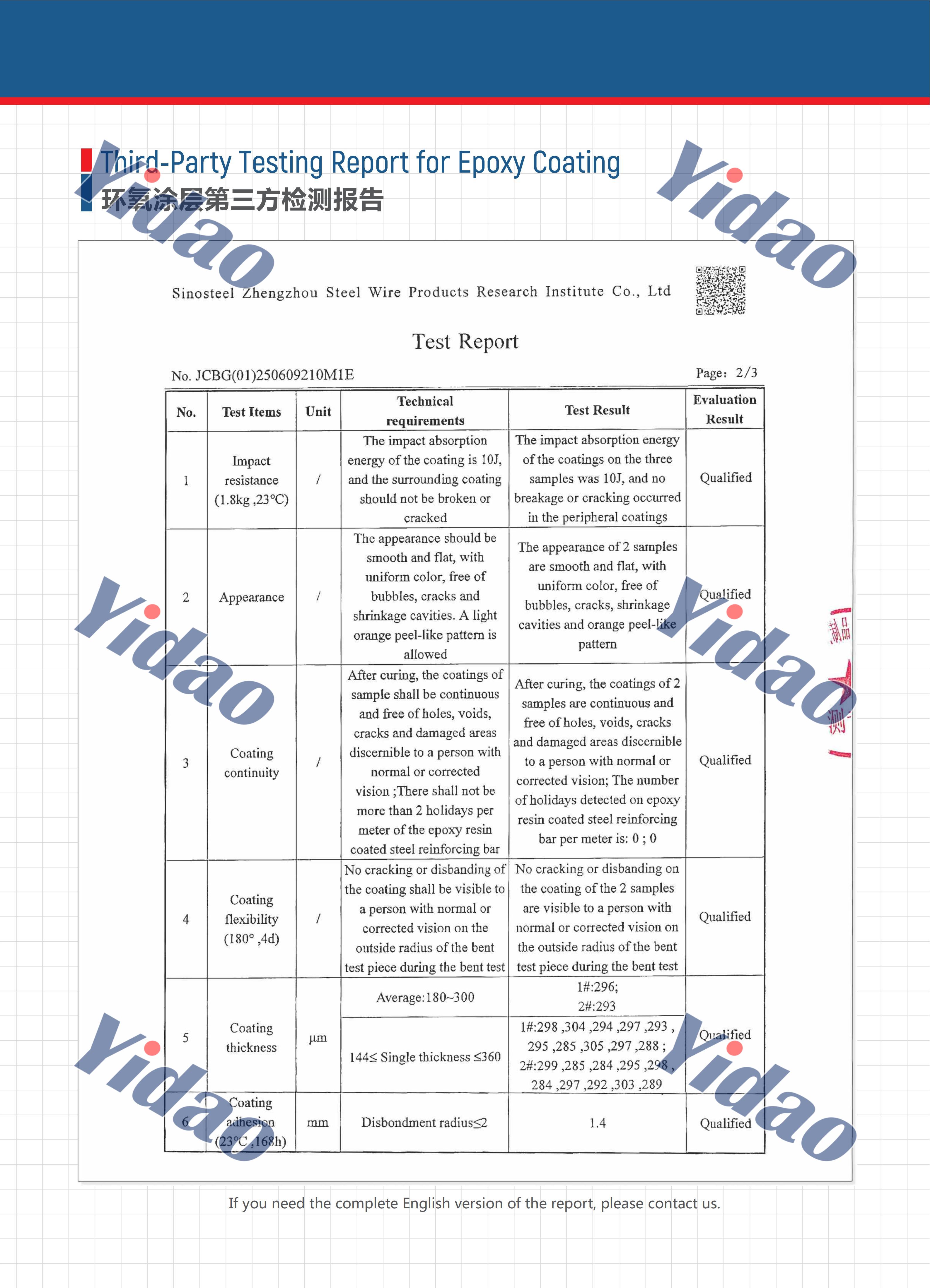 yidao epoxy rebar test report