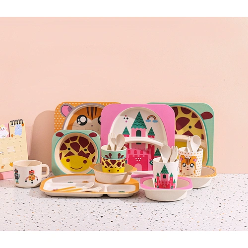 Mignon dessin animé coloré enfants fibre de bambou table à manger vaisselle ensemble assiette bol cruche