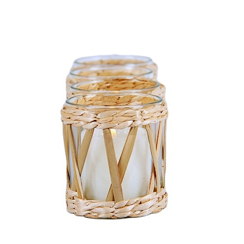 Wholesale Price Custom Creative Handmade Natural Rattan Candle Holder Glass Cup