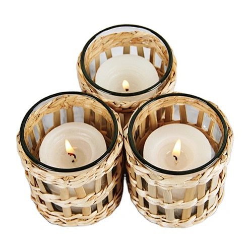Portavasos de vidrio para velas tejidas