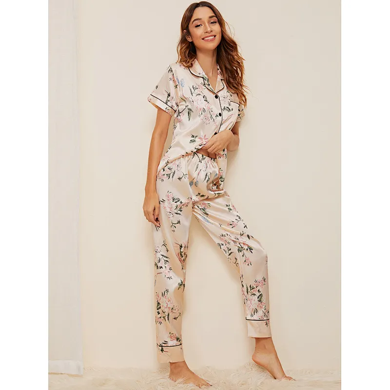 Custom Designer Floral Leaf Print Women Loungwear Home Sleep Wear Satin Silk Pajama Set