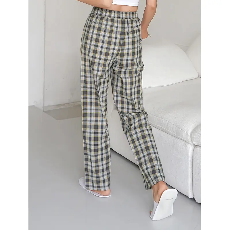 100% Cotton Lounge Pants Women Plaid Elastic Waist Wholesale Pajama Pants