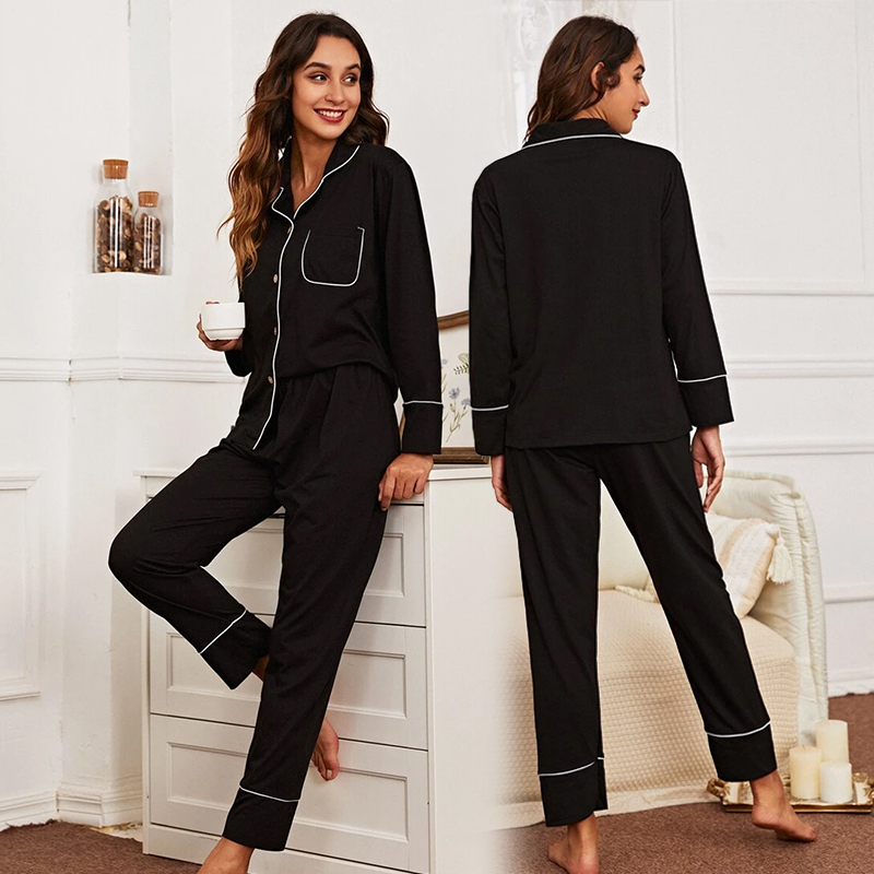 Lapel Collar Button Front Contrast Binding Pajama Set  Woman Pajamass