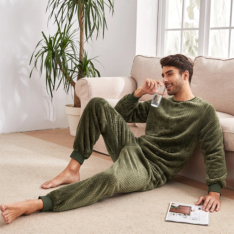Casual Shearling Men's Sleepwear Contrast Trim Teddy Top & Pants with Cuff OEM Pajamas for Men