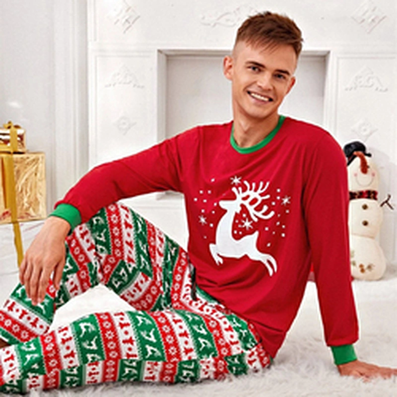 XMAS Holiday Men Sleepwear Custom Print Contrast Binding PJ Set Men Christmas Pajamas