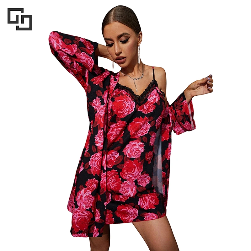 Floral Print Lace Trim Cami Nightdress & Belted bridal Robe PJ Set
