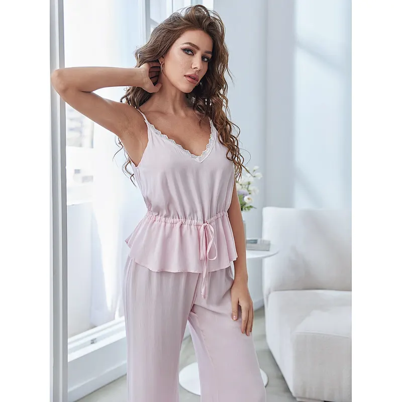 Cami V Neck Lace 2 Piece Woman Sleepwear Pjs Cotton Pyjama Bamboo Pajamas For Women