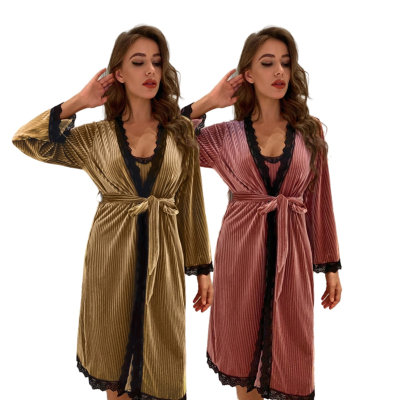 2 Pieces Lace Solid Print Sleepwear Dress Robe Chemise Sets Flannel Ribbed Custom Luxury Women Bath Robe