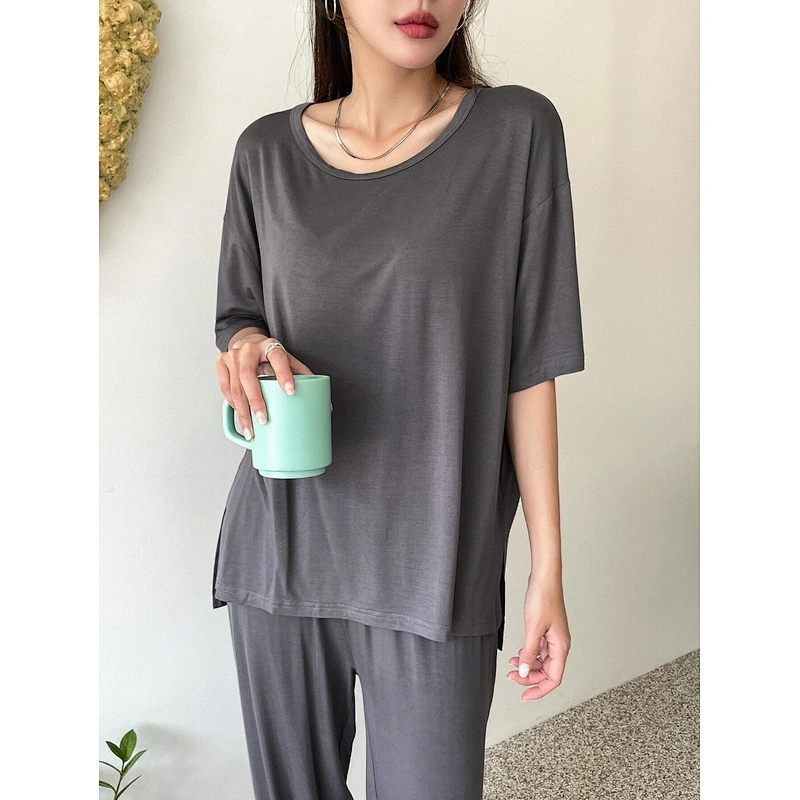 Pajamas Short Sleeve Long Pants Solid Tee Bamboo Viscose Women Sleepwear With Pants Women Bamboo Viscose Pajamas
