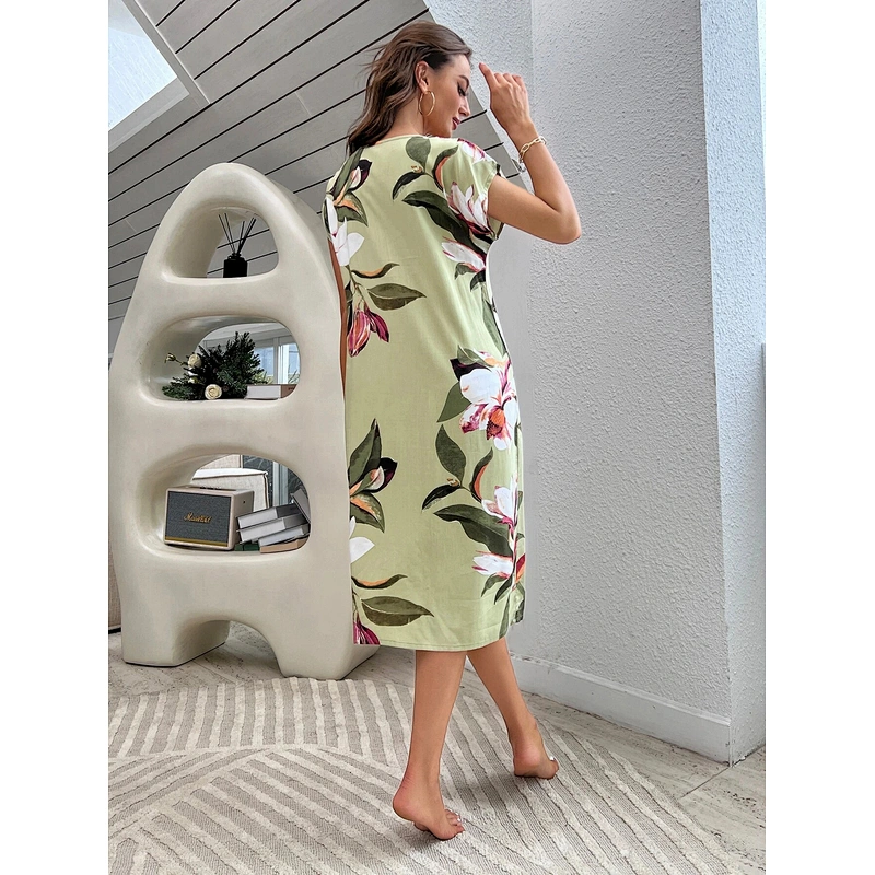 New Custom Breathable Women's Nightgown Floral Print V-cut Dolman Sleeve Nightdress