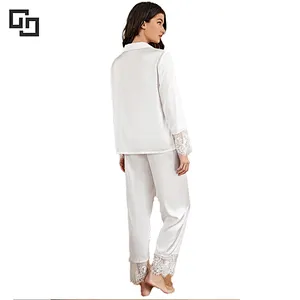Lace Panel Lapel Collar SatinWinter Home Wear Sleepwear Women Pyjamas Sets Cotton Long Pajama Pyjamas