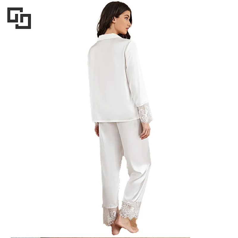 Lace Panel Lapel Collar SatinWinter Home Wear Sleepwear Women Pyjamas Sets Cotton Long Pajama Pyjamas