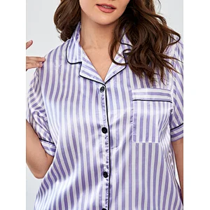 Summer Luxury Silk Plus Size Women's Sleepwear Vertical Striped Contrast Piping Satin Pajamas