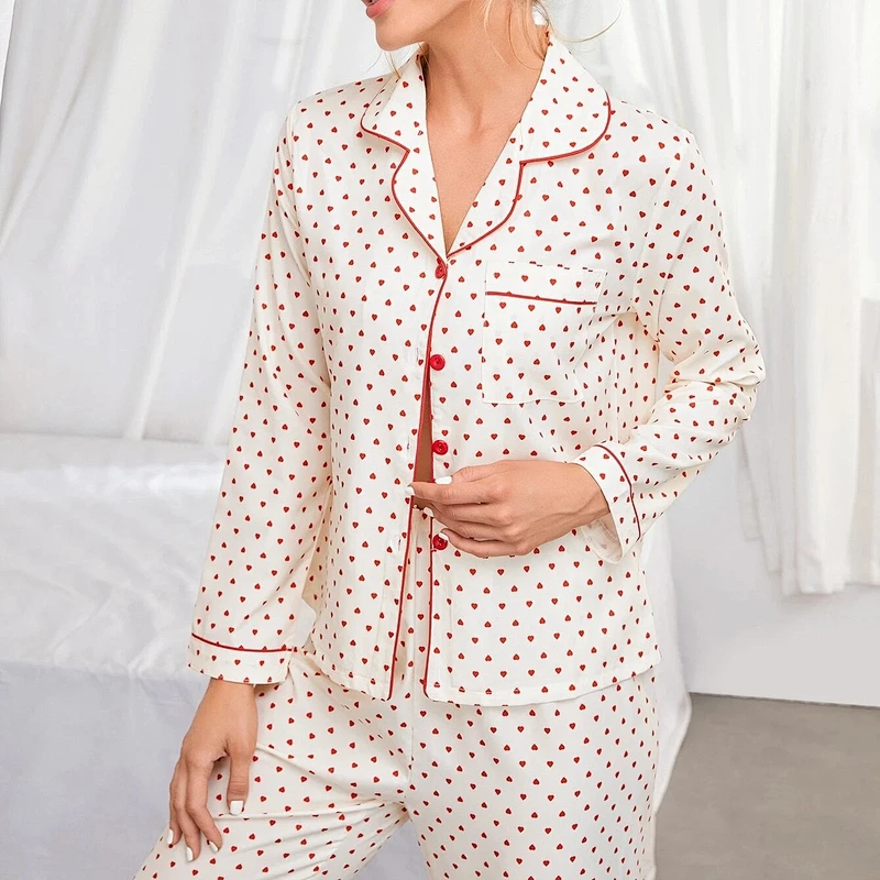 Confetti Heart Print Contrast Beige Piping Long Sleeve Pajama Set