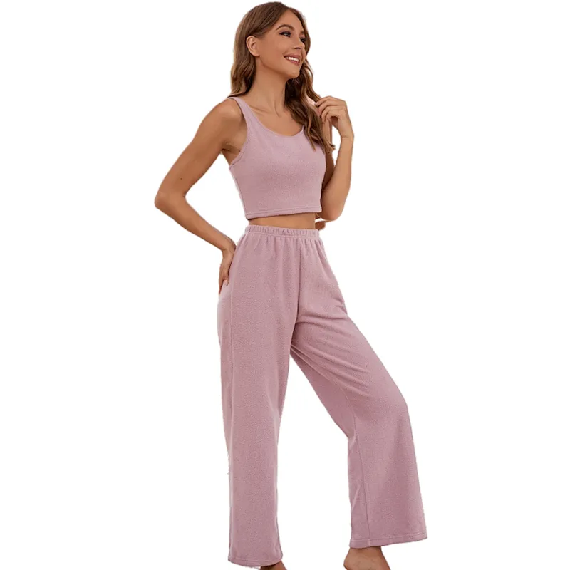 Solid Teddy Plush Tank Top Pants Girl Custom Designer Lounge Wear Sets Soft Cotton Pjs Women Pajamas