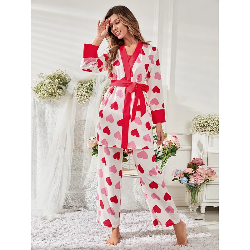 Cute Heart Print Contrast Binding Viscose from Bamboo Pajamas Custom Long Pyjamas Women Sleepwear