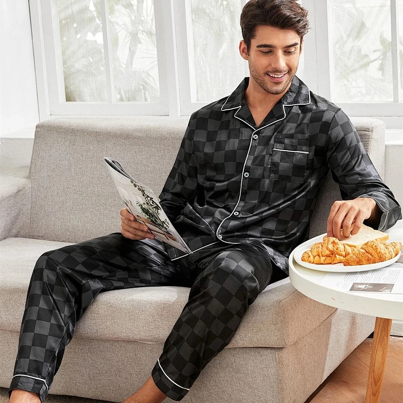 Long Pajama Sets Men Satin Pajamas Checker Print Nightwear Pajamas Men
