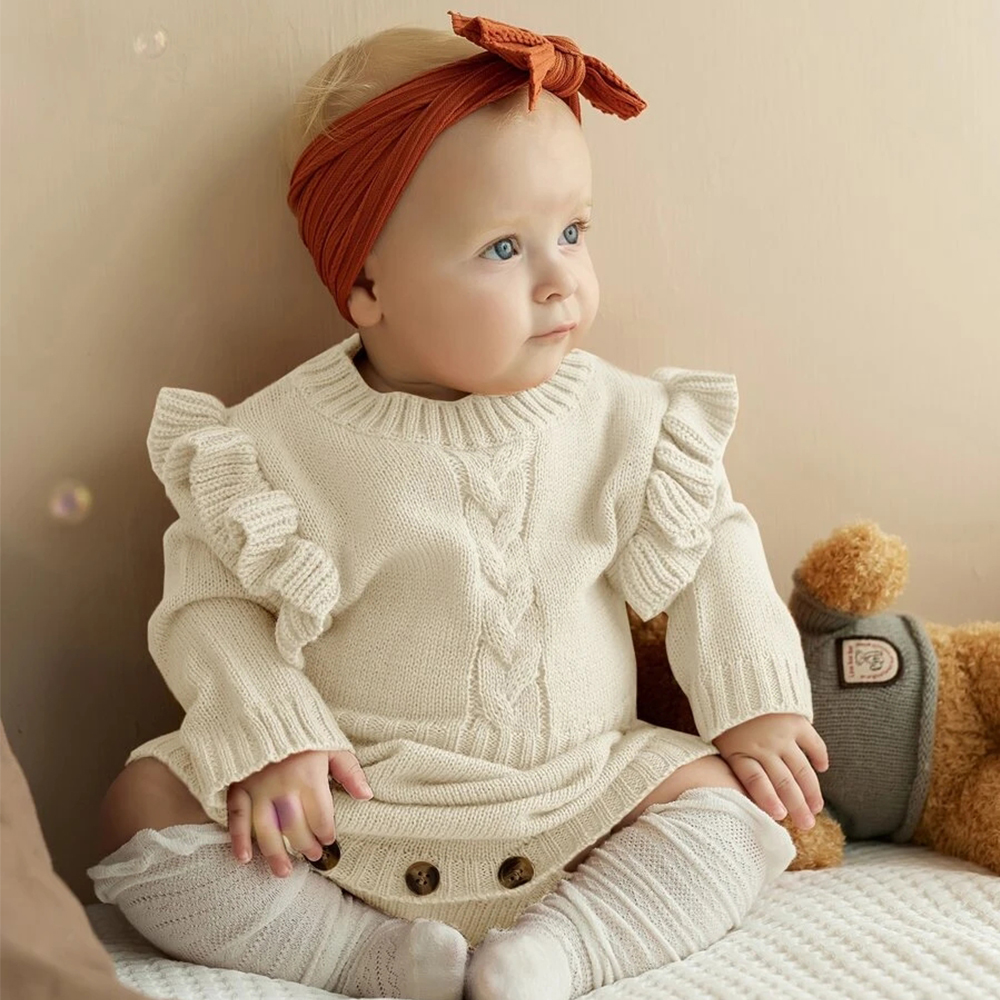 Baby Girls Boys Sweater Cotton Footless Pajamas Baby Ruffle Trim Cable Knit Romper With Headband