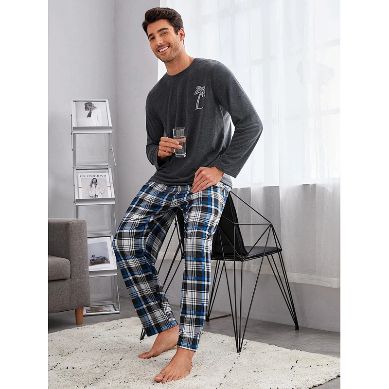 Custom Cotton Men's Sleepwear Palm Tree Print Sleep Tee & Plaid Sleep Pants Pajamas Man