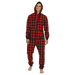 Male Adult Men Gingham Kangaroo Pocket Hooded Cotton Sleep Zipper Jumpsuit One Piece Pajamas
