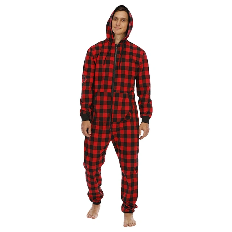 Male Adult Men Gingham Kangaroo Pocket Hooded Cotton Sleep Zipper Jumpsuit One Piece Pajamas