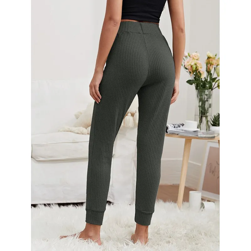 Custom Casual Pajama Pants Waffle Knit Tie Front Solid Women Lounge Pants