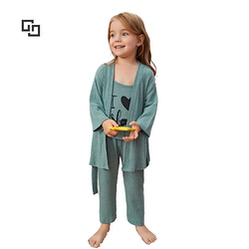 Kids Girls 3pcs Pijamas Sleepwear Slogan Graphic Belted PJ Set Cotton Children Clothes Pajama Set