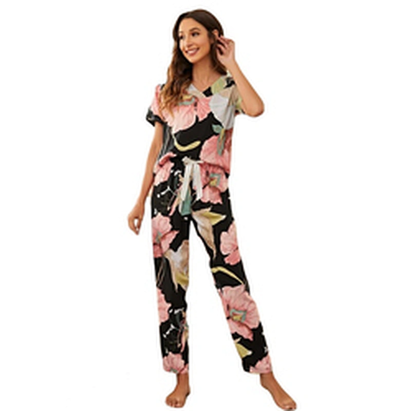 Floral V Neck Fall Lounge Wear Drawstring Women Sleepwear Pajamas Knit Cotton Femme Pyjamas